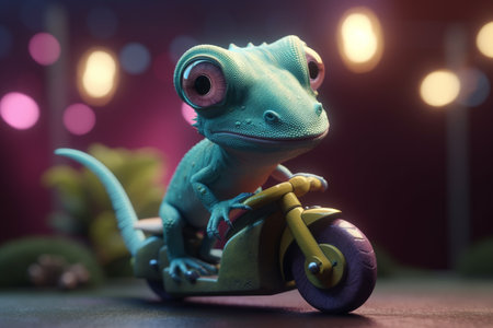 This funny photorealistic cartoon chameleon is having a blast on its tiny moped, zooming through a blurry backgroundの素材