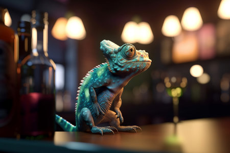 A whimsical chameleon perches on a bar, surrounded by bottles and enjoying a night out on the town.の素材