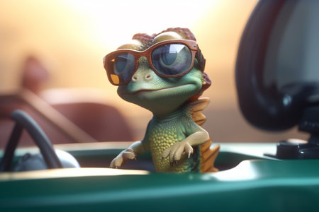 A humorous chameleon wearing glasses is driving a car in style and enjoying the rideの素材