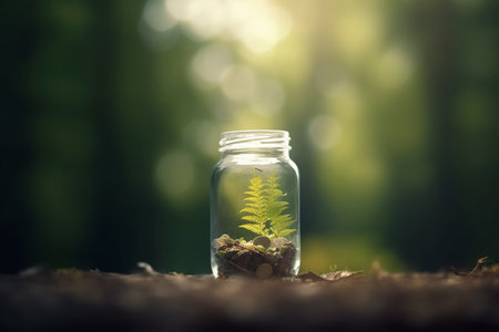 Conceptual image of green investment with coins in a glass surrounded by green plants, with a yellow-green forest blurred in the bokeh backgroundの素材