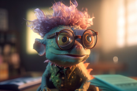 This hilarious photorealistic cartoon chameleon takes on the role of a mad scientist with glasses and messy hair.の素材