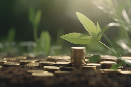 A green seedling growing from coins on the ground represents the idea of sustainable development and eco-financingの素材