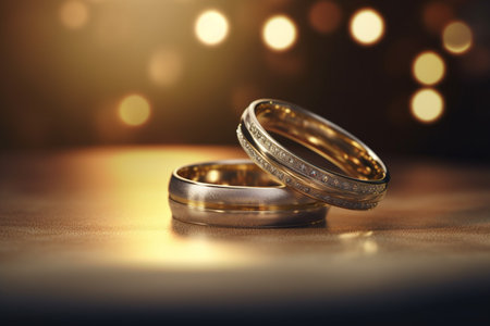 A romantic symbol of love: two wedding rings captured in warm, soft sunlight with a blurred bokeh backgroundの素材