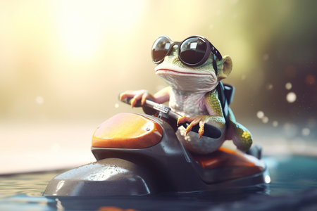 Check out this cool chameleon on a jet ski, sporting a pair of shades and living its best life on the waterの素材