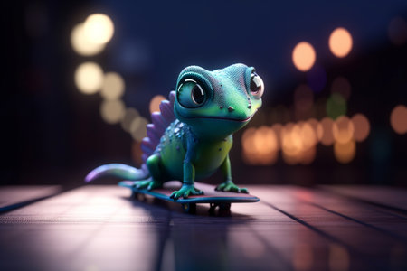 Watch this chameleon shred on a skateboard through a blurry cityscape! This cool cartoon is sure to impressの素材