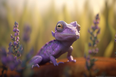 A playful, purple chameleon rendered in a photorealistic cartoon style sits in the midst of a beautiful lavender field, its eyes surveying the landscape around it with a sense of curiosity and wonder.の素材