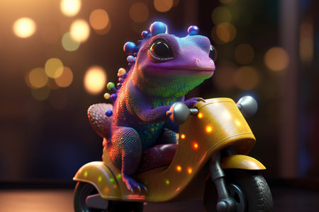 This funny photorealistic cartoon chameleon is having a blast on its tiny moped, zooming through a blurry backgroundの素材