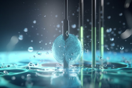 Vibrant 3D graphic showing the chemical process of electrolysis in a cellの素材