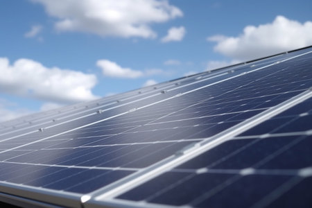 A view of solar panels installed on a rooftop against a blue sky with clouds in the backgroundの素材