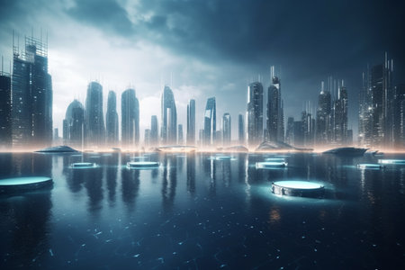 Experience the future of urban living with this stunning concept art of a floating city, blending innovation, technology and sustainability.の素材
