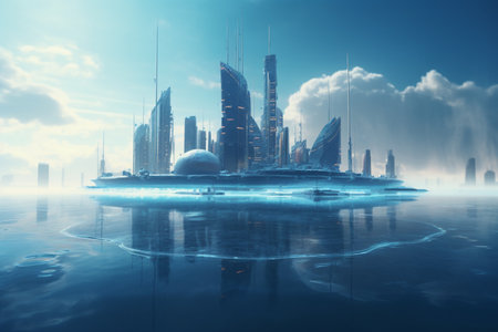 Experience the future of urban living with this stunning concept art of a floating city, blending innovation, technology and sustainability.の素材