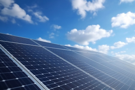 A view of solar panels installed on a rooftop against a blue sky with clouds in the backgroundの素材