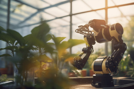 In a futuristic greenhouse, the robots are the workforce of the future. Here, they work tirelessly and with precision to ensure that every plant thrives in its ideal conditions.の素材