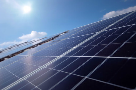 A view of solar panels installed on a rooftop against a blue sky with clouds in the backgroundの素材