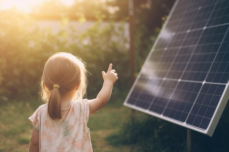 Adorable child standing by solar panel with bokeh background and sun raysの素材