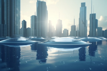 Experience the future of urban living with this stunning concept art of a floating city, blending innovation, technology and sustainability.の素材