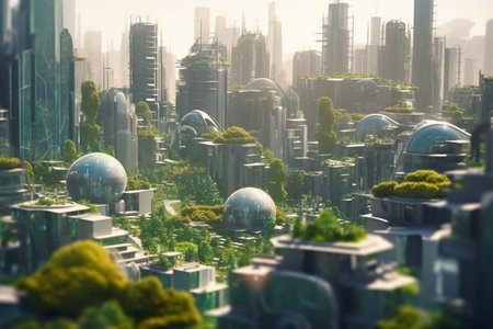 This concept art showcases a futuristic city where nature and modern architecture coexist in perfect harmony. High-rises and greenery blend together to create a sustainable and inviting urban environment.の素材