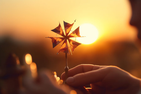 A small toy windmill held up against a stunning sunsetの素材