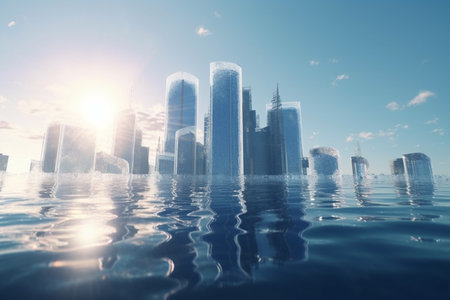 Experience the future of urban living with this stunning concept art of a floating city, blending innovation, technology and sustainability.の素材