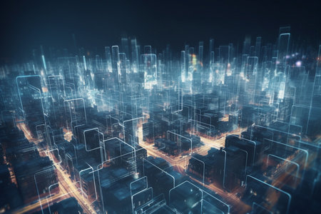 A futuristic city powered by the buildings themselves. This concept image shows how energy generation and distribution can be integrated into urban architecture.の素材