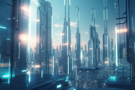 A futuristic city powered by the buildings themselves. This concept image shows how energy generation and distribution can be integrated into urban architecture.の素材
