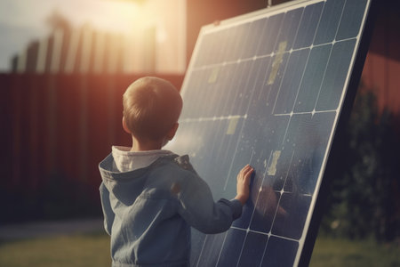 Adorable child standing by solar panel with bokeh background and sun raysの素材