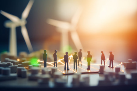 Diverse team working together to create sustainable energy solutions with wind turbines in the backgroundの素材