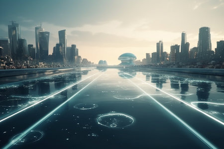 A conceptual image of a futuristic city built on water, with floating buildings and underwater routes connecting the cityscape.の素材