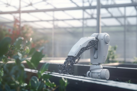 In a futuristic greenhouse, the robots are the workforce of the future. Here, they work tirelessly and with precision to ensure that every plant thrives in its ideal conditions.の素材