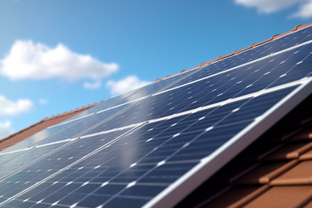 A view of solar panels installed on a rooftop against a blue sky with clouds in the backgroundの素材