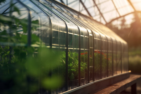 A futuristic greenhouse with a sleek design and stunning architecture, basking in the warm glow of the evening sun.の素材
