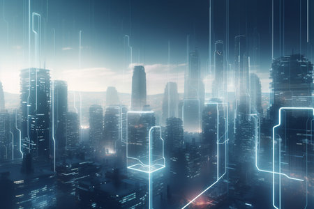 A futuristic city powered by the buildings themselves. This concept image shows how energy generation and distribution can be integrated into urban architecture.の素材