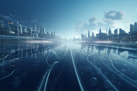 A conceptual image of a futuristic city built on water, with floating buildings and underwater routes connecting the cityscape.の素材