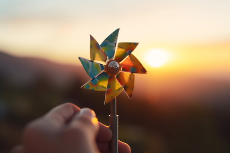 A small toy windmill held up against a stunning sunsetの素材