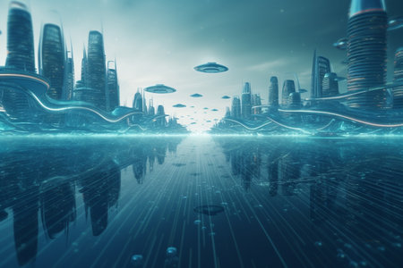 A conceptual image of a futuristic city built on water, with floating buildings and underwater routes connecting the cityscape.の素材