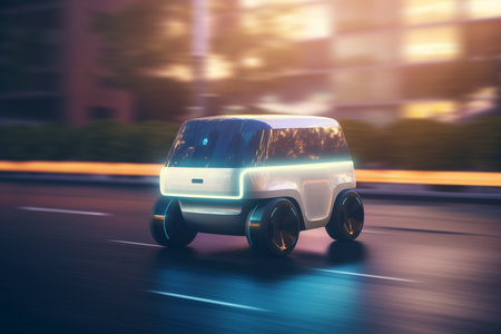 This concept illustration depicts an autonomous delivery van that is powered by artificial intelligence, showingcasing the future of automated delivery services.の素材