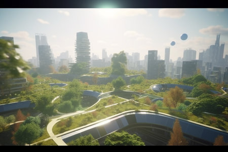 This concept art showcases a futuristic city where nature and modern architecture coexist in perfect harmony. High-rises and greenery blend together to create a sustainable and inviting urban environment.の素材