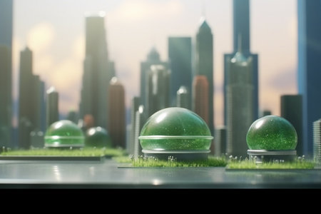 This concept art showcases a futuristic city where nature and modern architecture coexist in perfect harmony. High-rises and greenery blend together to create a sustainable and inviting urban environment.の素材