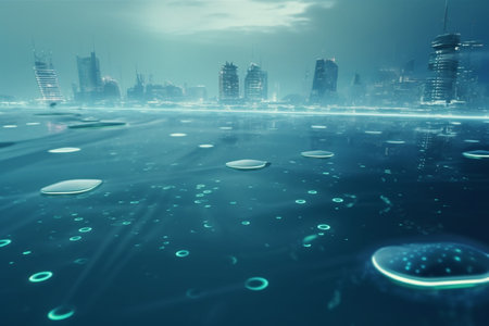 A conceptual image of a futuristic city built on water, with floating buildings and underwater routes connecting the cityscape.の素材
