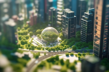 This concept art showcases a futuristic city where nature and modern architecture coexist in perfect harmony. High-rises and greenery blend together to create a sustainable and inviting urban environment.の素材