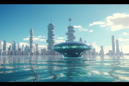 Experience the future of urban living with this stunning concept art of a floating city, blending innovation, technology and sustainability.の素材