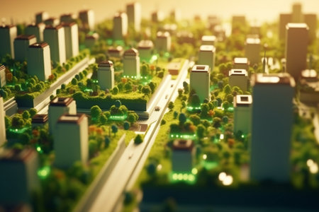 This concept art showcases a futuristic city where nature and modern architecture coexist in perfect harmony. High-rises and greenery blend together to create a sustainable and inviting urban environment.の素材