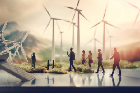 Diverse team working together to create sustainable energy solutions with wind turbines in the backgroundの素材