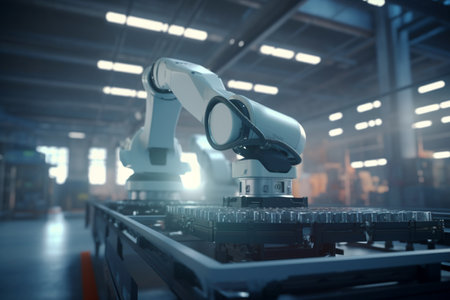 In this conceptual image, robots take over logistic and transportation tasks in a futuristic warehouse.の素材