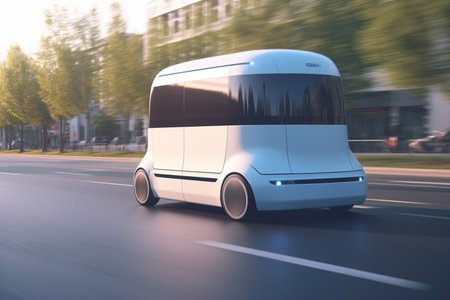 This concept illustration depicts an autonomous delivery van that is powered by artificial intelligence, showingcasing the future of automated delivery services.の素材
