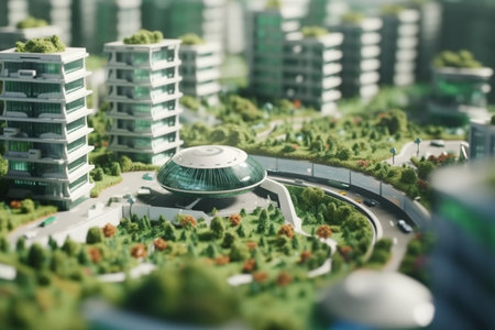 This concept art showcases a futuristic city where nature and modern architecture coexist in perfect harmony. High-rises and greenery blend together to create a sustainable and inviting urban environment.の素材