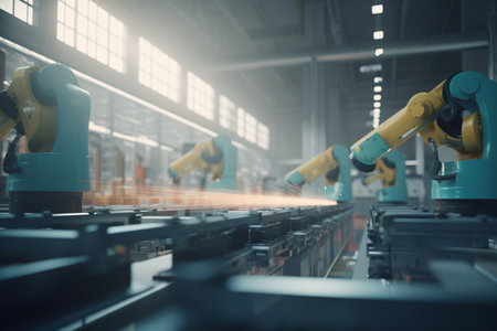 A futuristic concept illustration of a factory with robots powered by artificial intelligence working on automated manufacturing processes.の素材