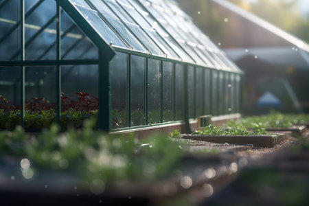 Immerse yourself in the beauty of nature with this stunning greenhouse filled with lush green plants basking in warm sunlight.の素材