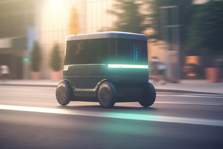 This concept illustration depicts an autonomous delivery van that is powered by artificial intelligence, showingcasing the future of automated delivery services.の素材
