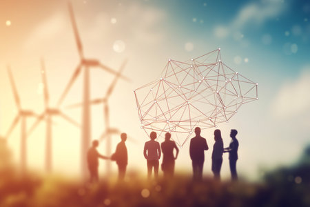 Diverse team working together to create sustainable energy solutions with wind turbines in the backgroundの素材